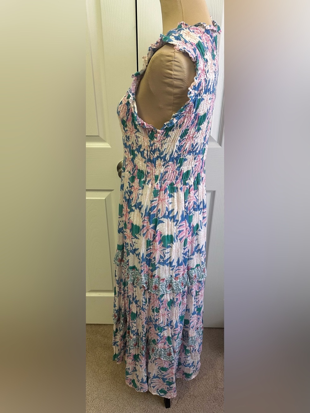 Oliphant Blue Pink Floral Smocked Maxi Dress - Picture 3 of 7